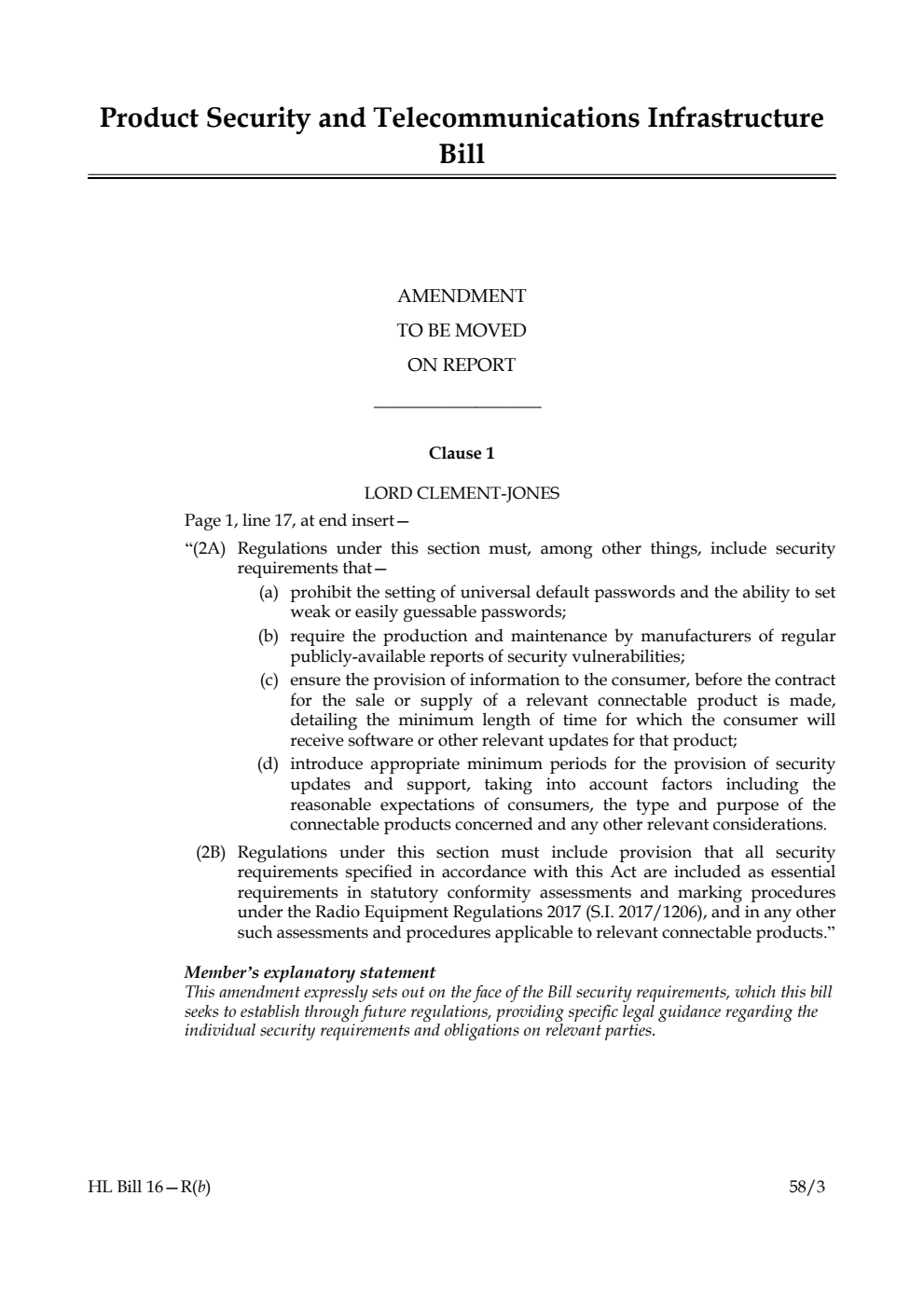 Product Security and Telecommunications Infrastructure Bill Amendment to be moved on Report