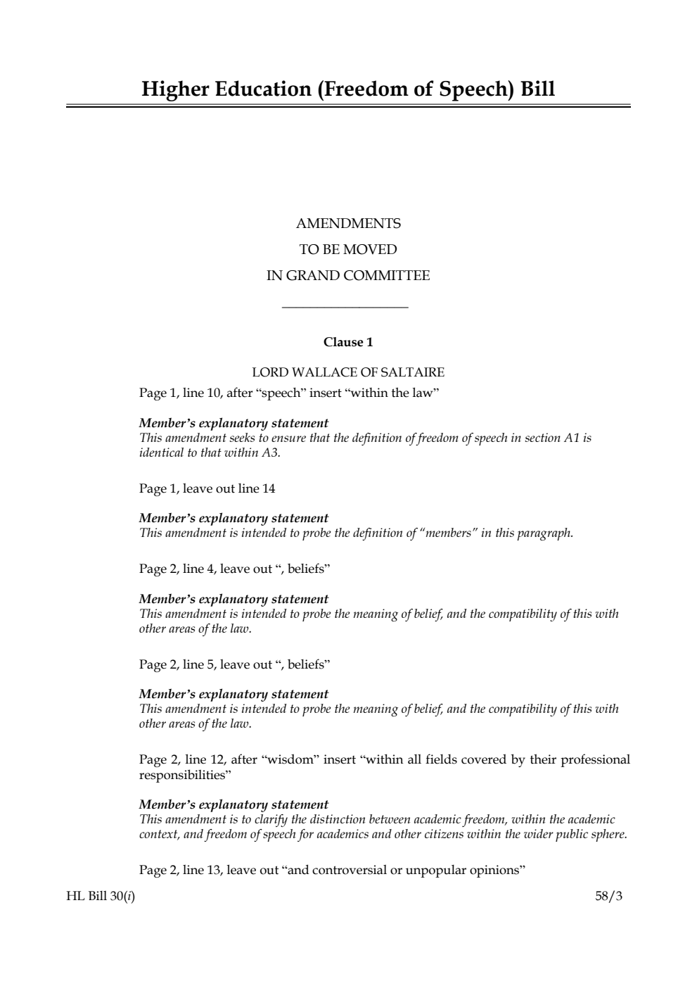 Higher Education (Freedom of Speech) Bill Amendments to be moved in Grand Committee