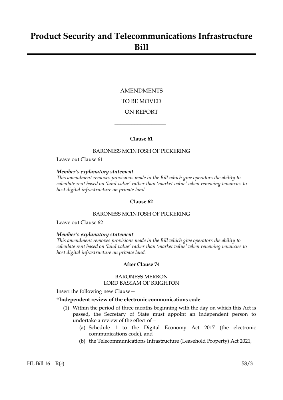 Product Security and Telecommunications Infrastructure Bill Amendments to be moved on Report