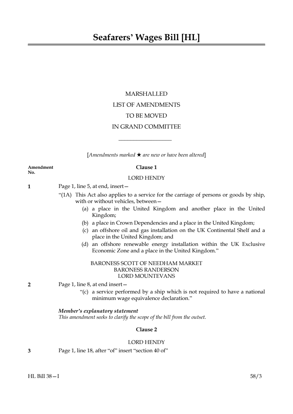 Seafarers' Wages Bill Marshalled List of Amendments to be moved in Grand Committee
