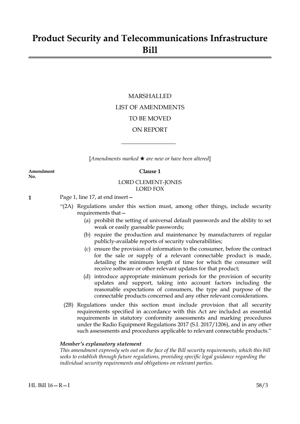 Product Security and Telecommunications Infrastructure Bill Marshalled List of Amendments to be moved on report