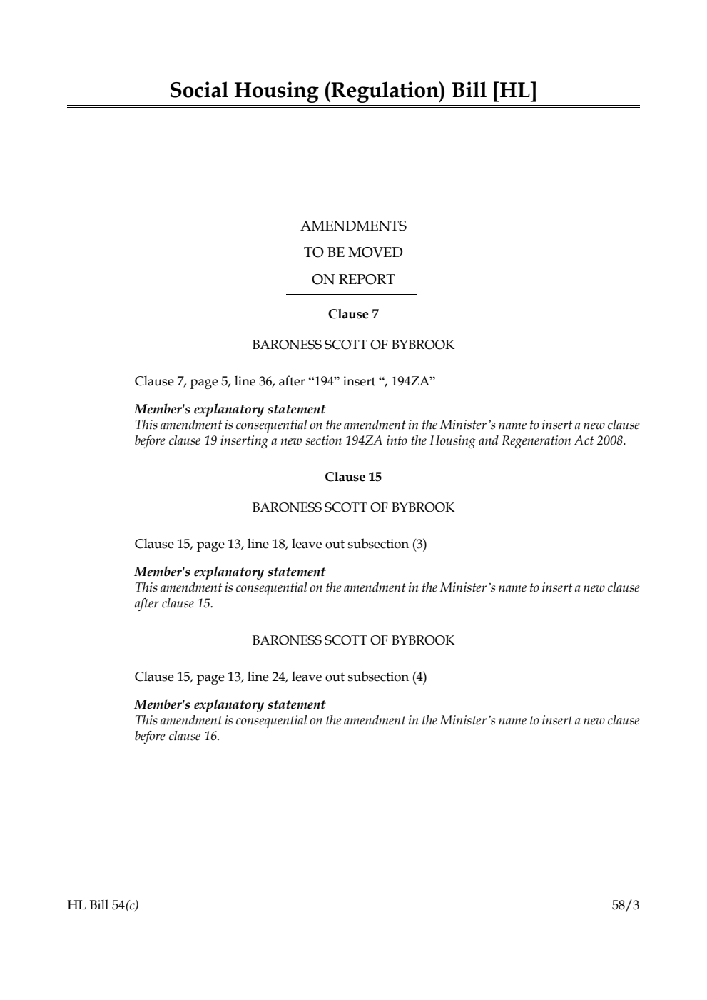 Social Housing (Regulation) Bill Amendments to be moved on Report