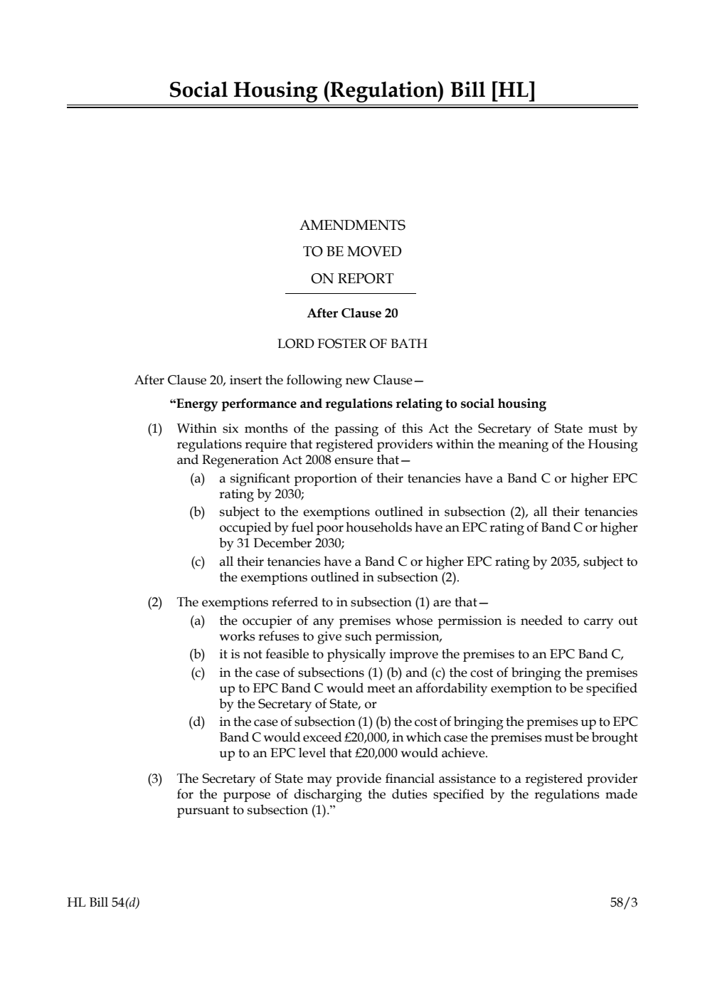 Social Housing (Regulation) Bill Amendments to be moved on Report