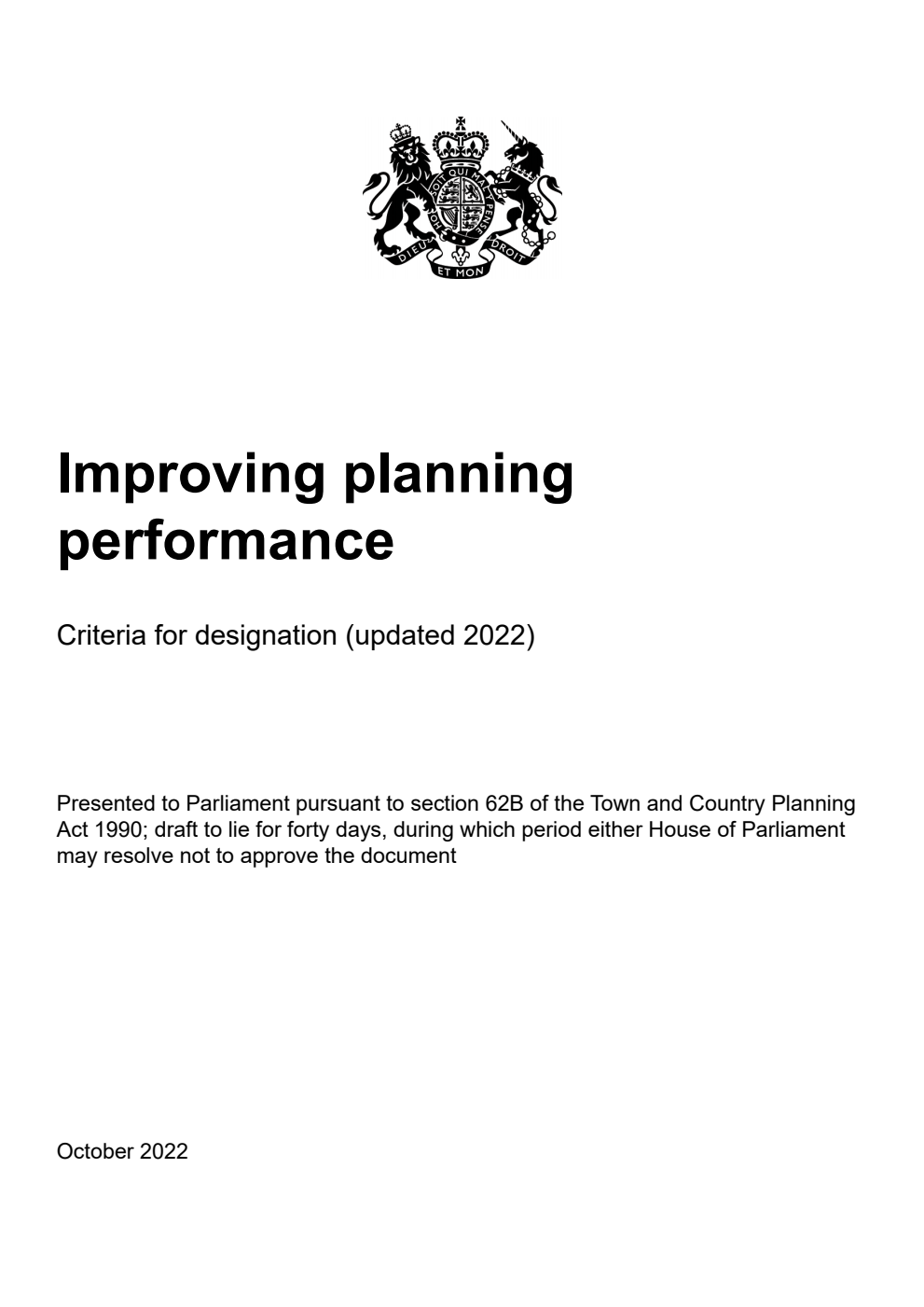 Improving planning performance. Criteria for designation (updated 2022) (withdrawn and replaced by 9781528637497)