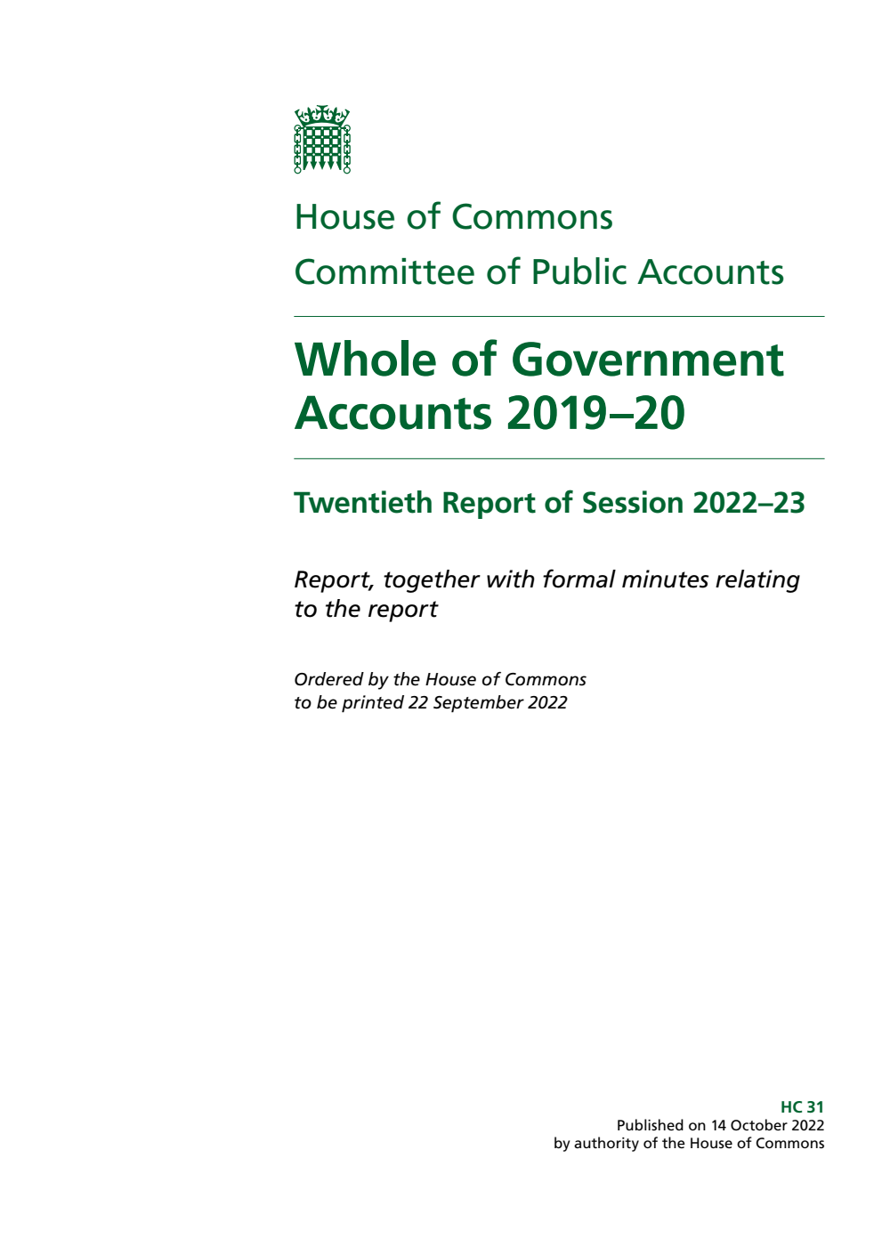 Public Accounts Committee 20th Report. Whole of Government Accounts 2019–20 Volume 1. Report