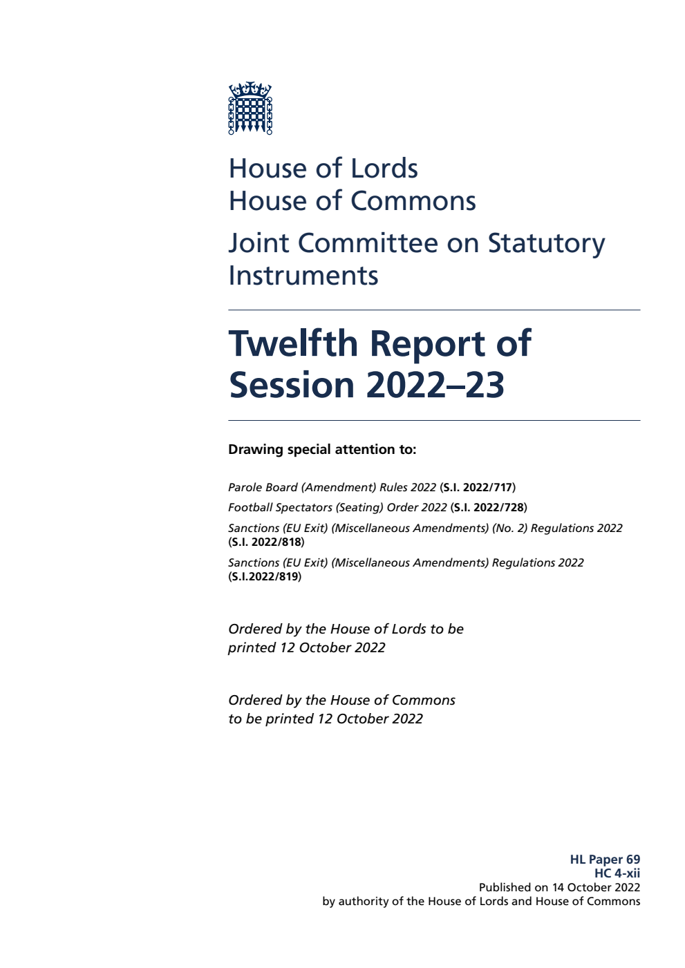 Joint Committee on Statutory Instruments 12th Report of Session 2022-23