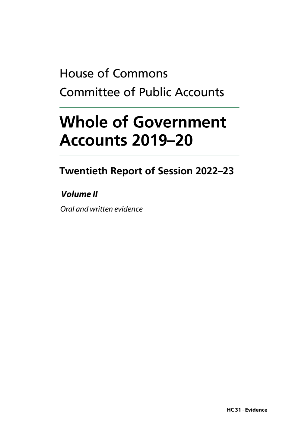 Public Accounts Committee 20th Report. Whole of Government Accounts 2019–20 Volume 2. Oral and written evidence