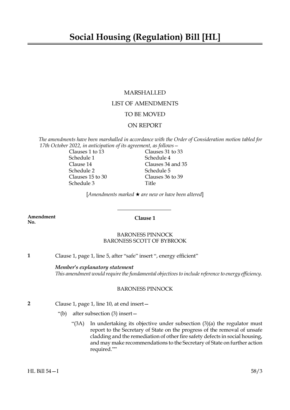 Social Housing (Regulation) Bill Marshalled List of Amendments to be moved on report