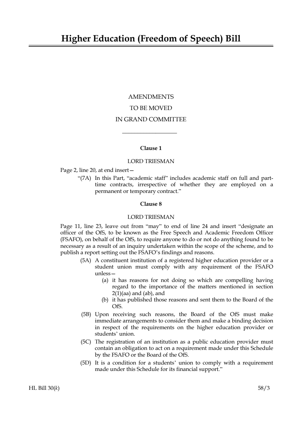 Higher Education (Freedom of Speech) Bill Amendments to be moved in Grand Committee