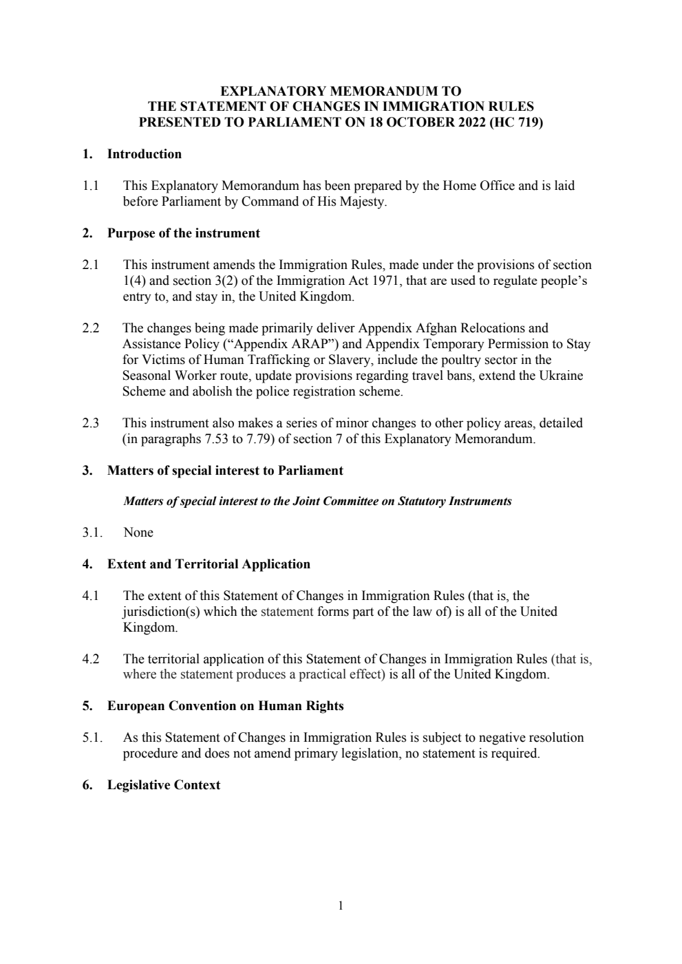 Explanatory Memorandum to the Statement of Changes in Immigration Rules