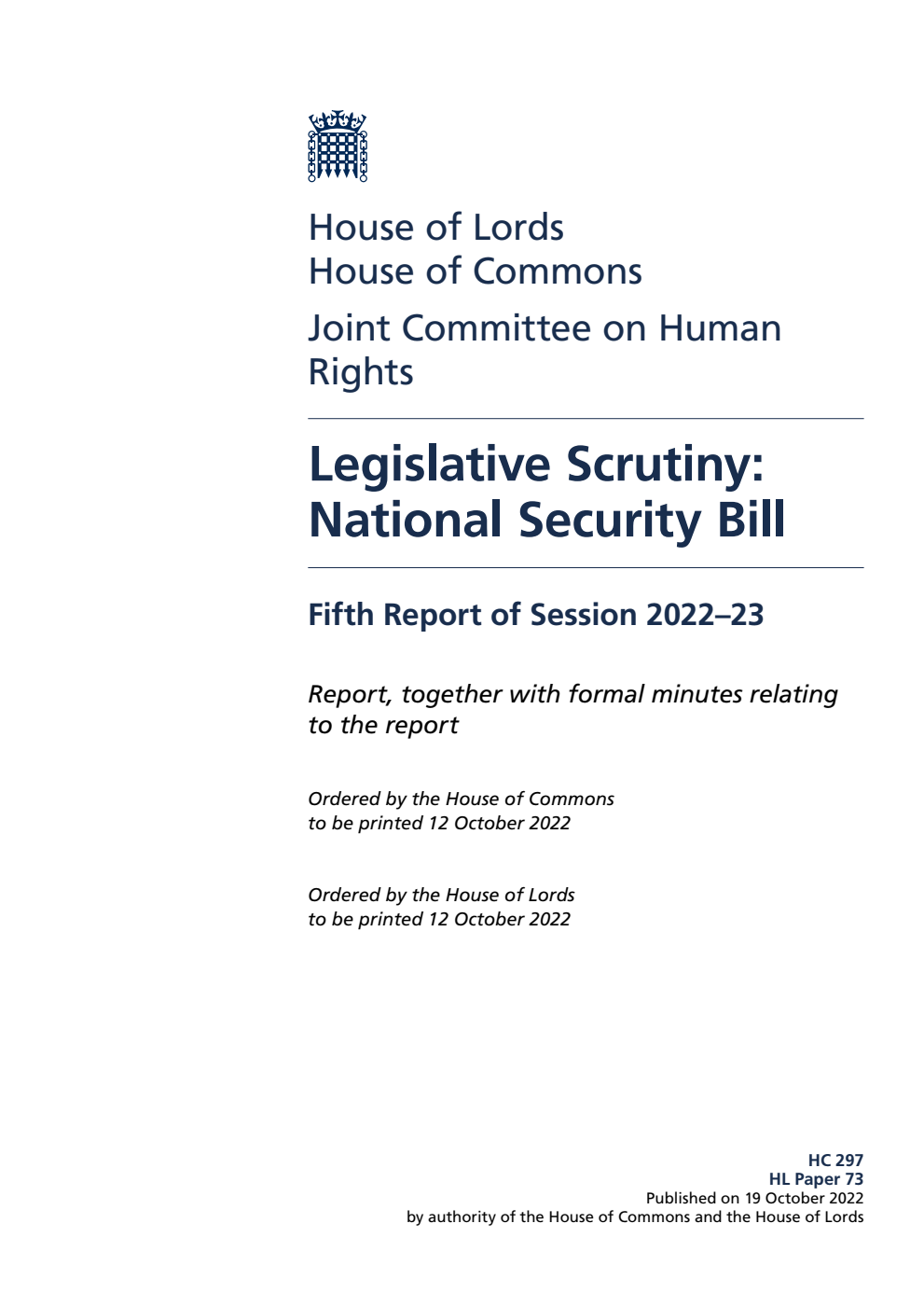 Human Rights Joint Committee 5th Report. Legislative Scrutiny: National Security Bill Volume 1. Report