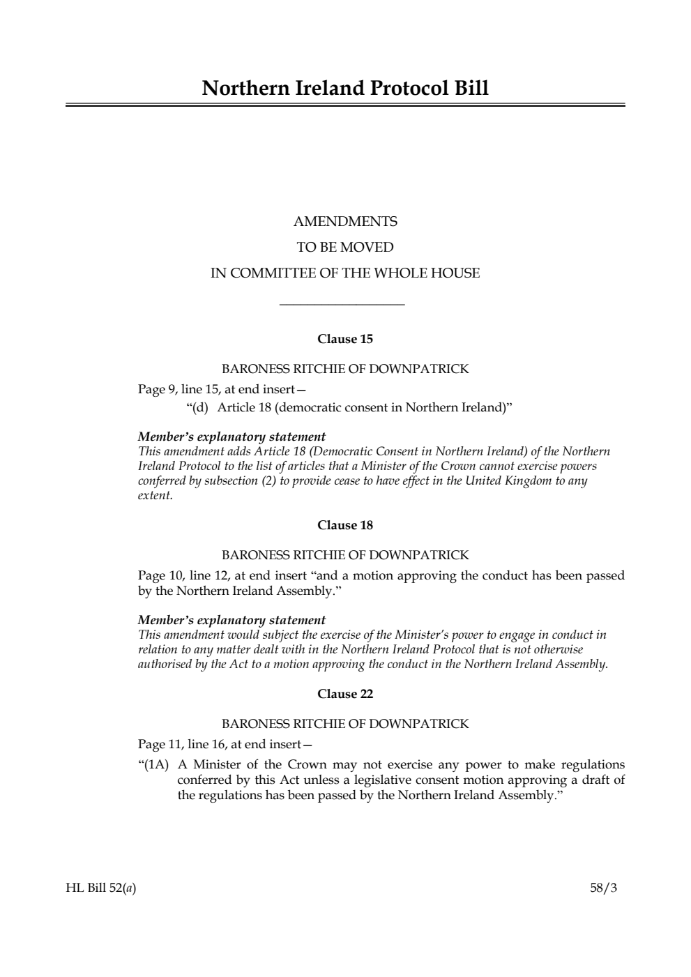Northern Ireland Protocol Bill Amendments to be moved in Committee of the Whole House