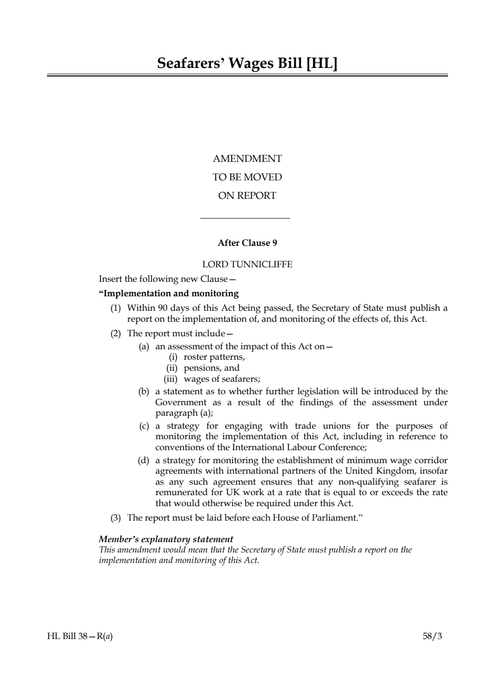 Seafarers' Wages Bill Amendment to be moved on Report