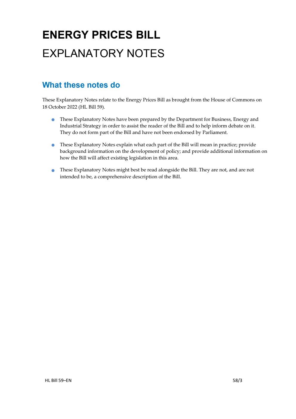 Energy Prices Bill Explanatory Notes