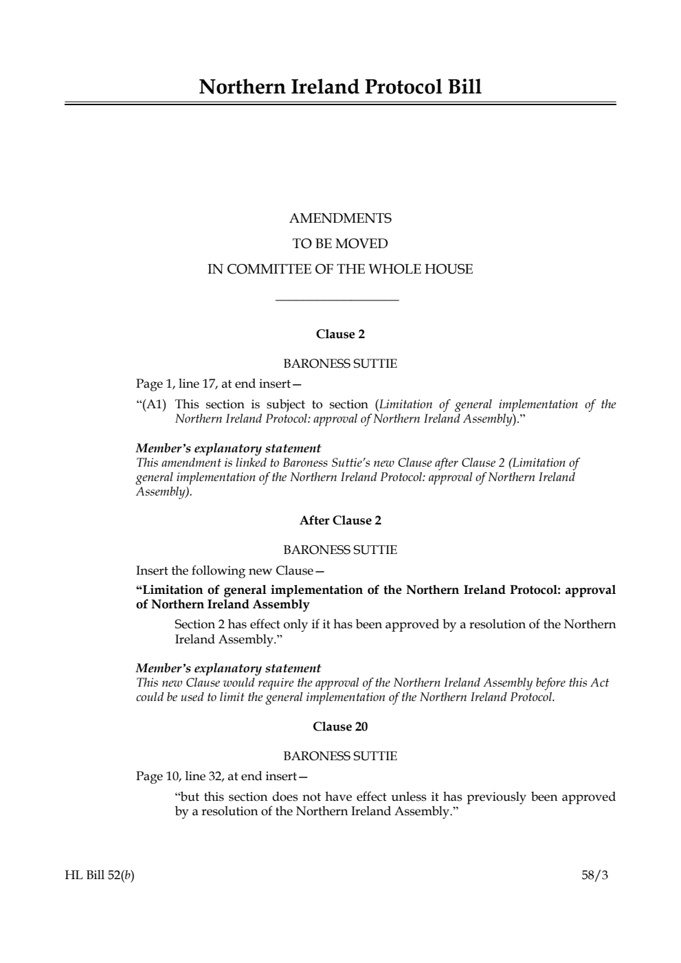 Northern Ireland Protocol Bill Amendments to be moved in Committee of the Whole House