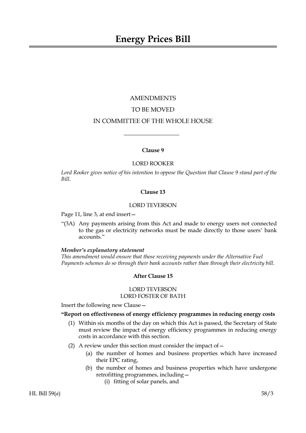Energy Prices Bill Amendments to be moved in Committee of the Whole House