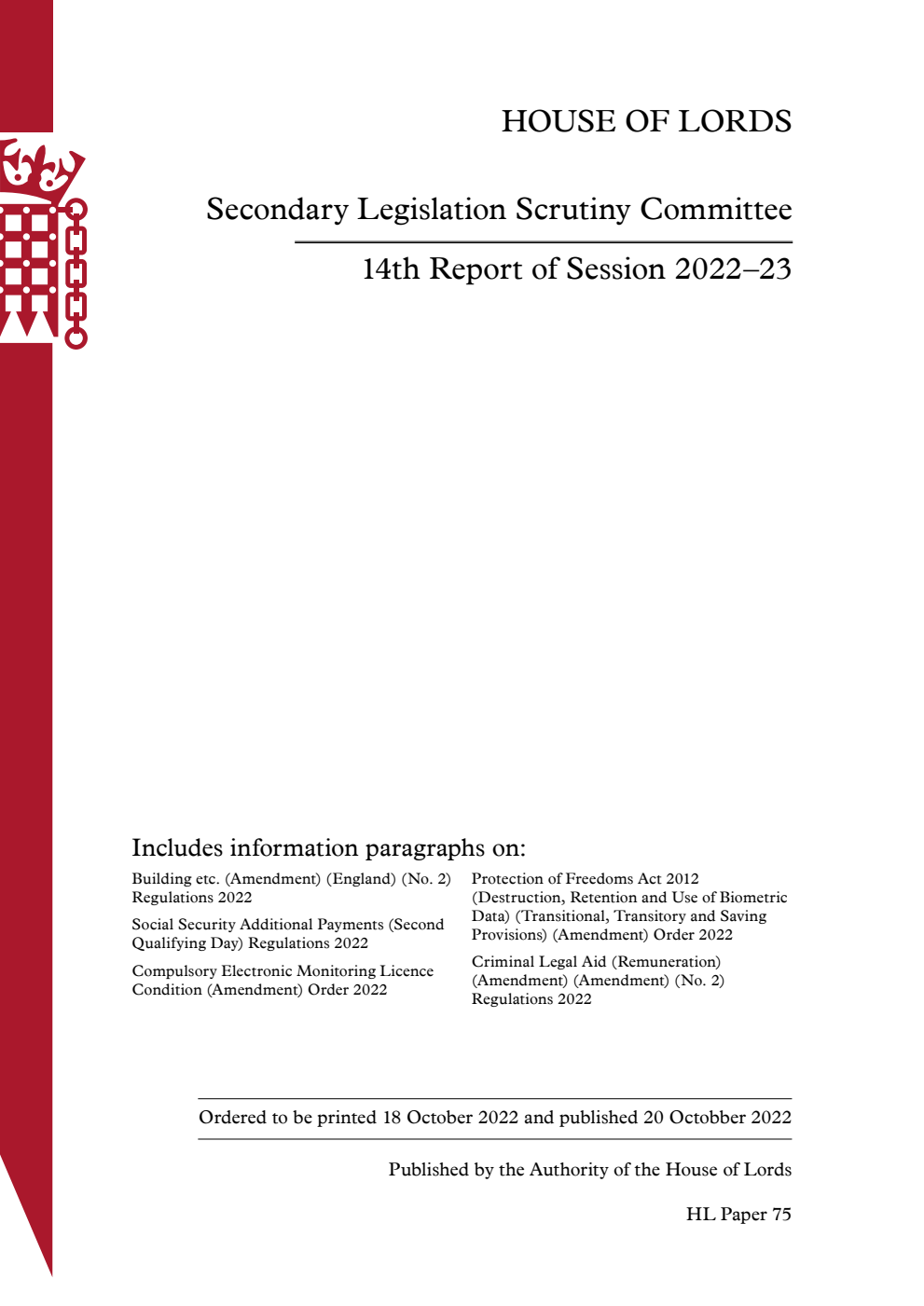 Secondary Legislation Scrutiny Committee 14th Report of Session 2022–23