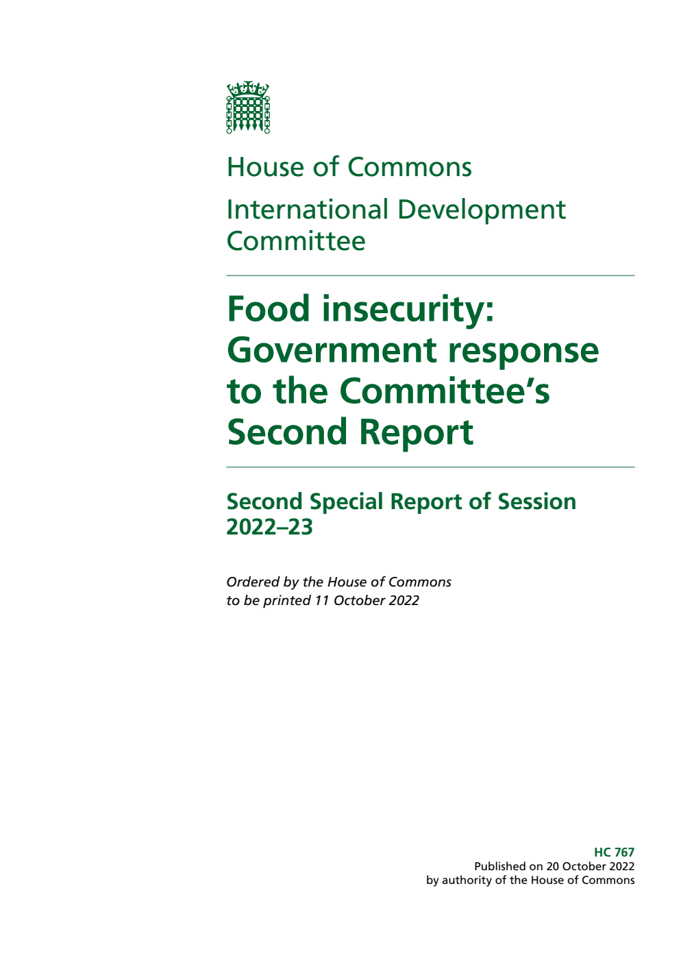 International Development Committee 2nd Special Report. Food insecurity: Government response to the Committee’s Second Report