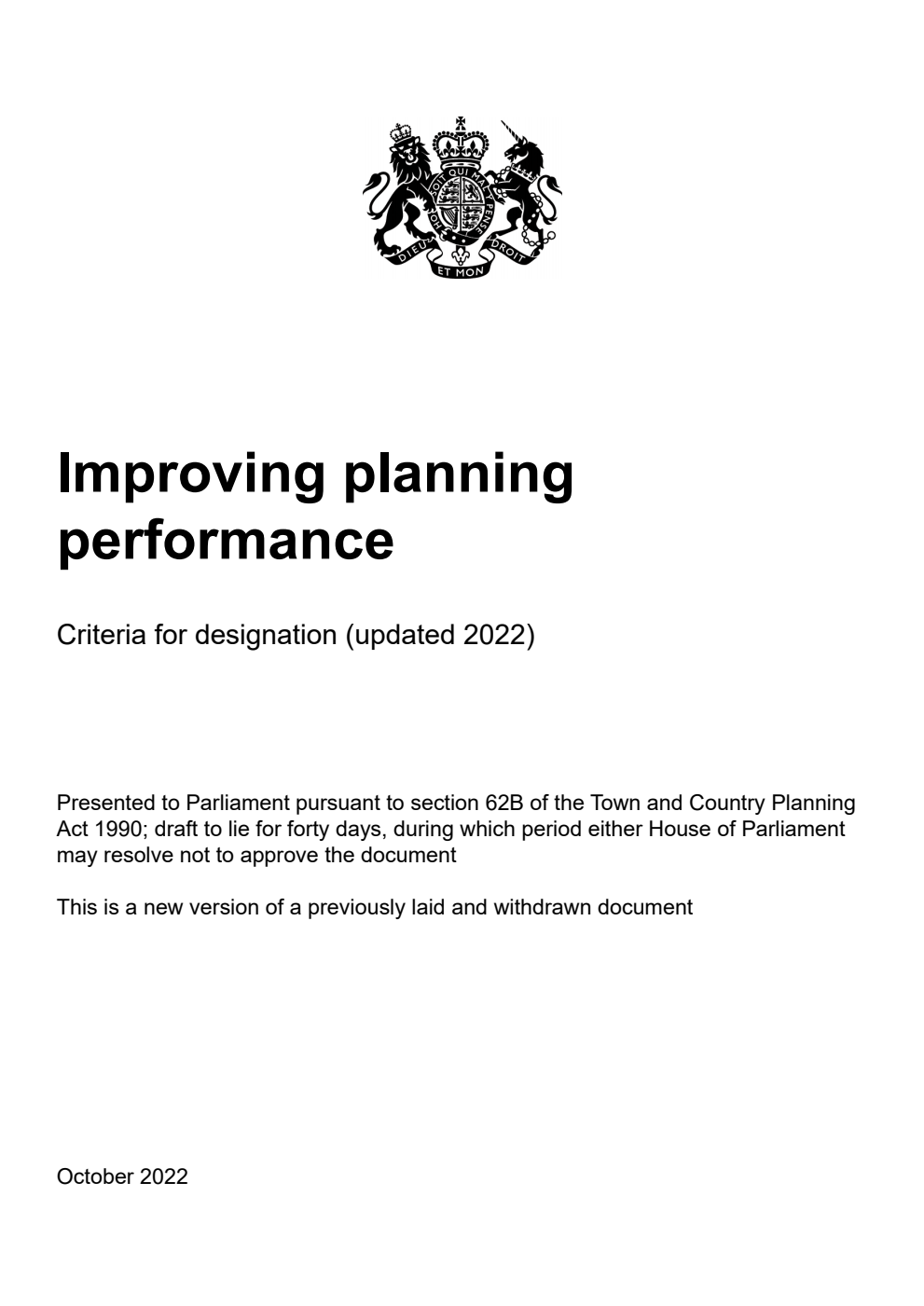 Improving planning performance. Criteria for designation (updated 2022). Revised, 19th October 2022