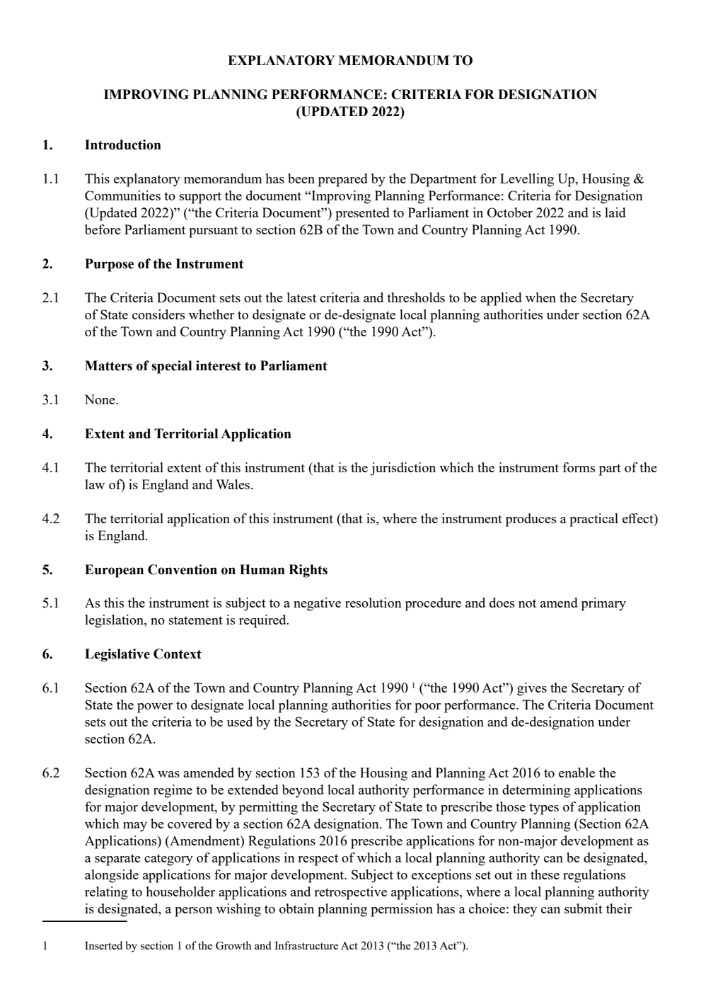 Explanatory memorandum to Improving planning performance. Criteria for designation (updated 2022)