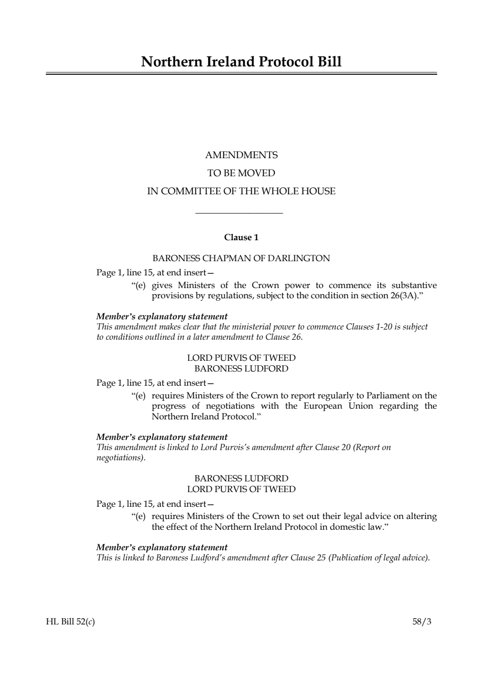 Northern Ireland Protocol Bill Amendments to be moved in Committee of the Whole House