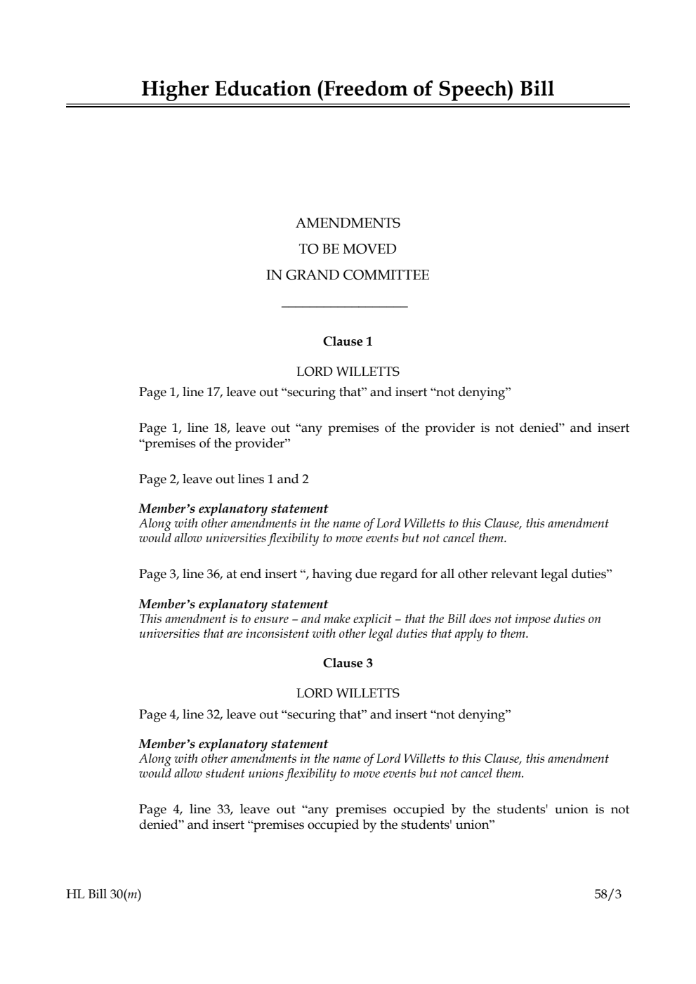 Higher Education (Freedom of Speech) Bill Amendments to be moved in Grand Committee