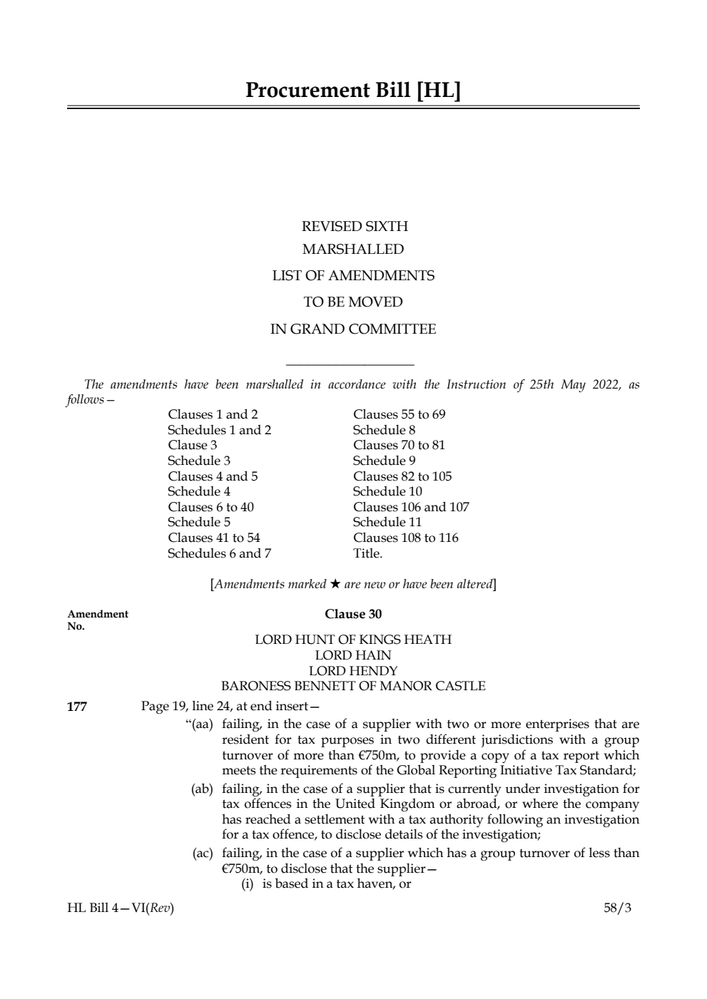 Procurement Bill Revised Sixth Marshalled List of Amendments to be moved in Grand Committee