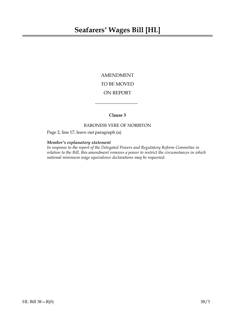 Seafarers' Wages Bill Amendment to be moved on Report