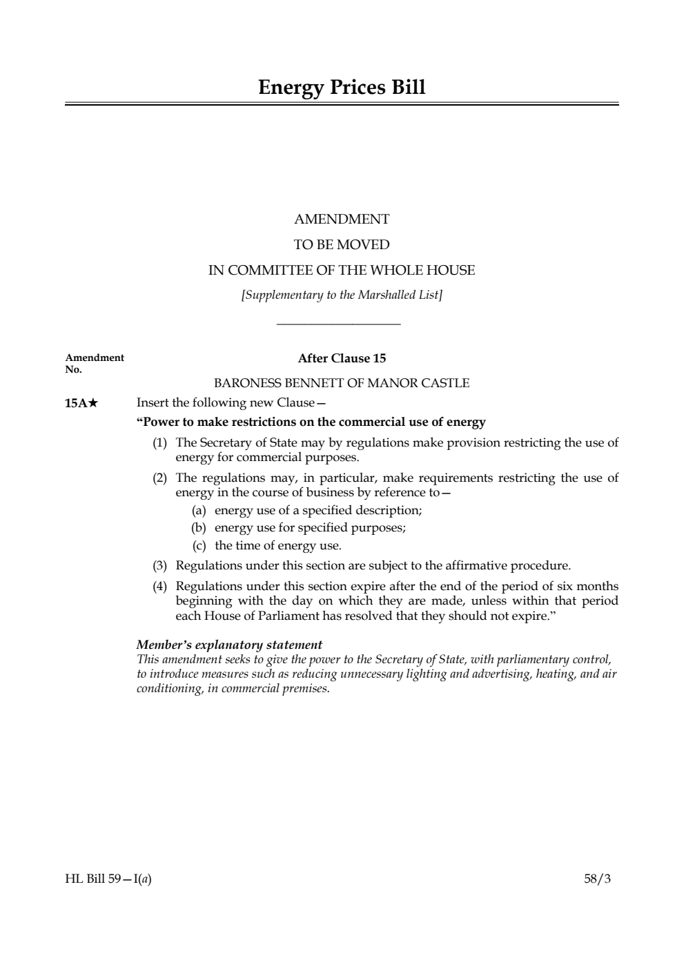 Energy Prices Bill Amendment to be moved in Committee of the Whole House [Supplementary to the Marshalled List]