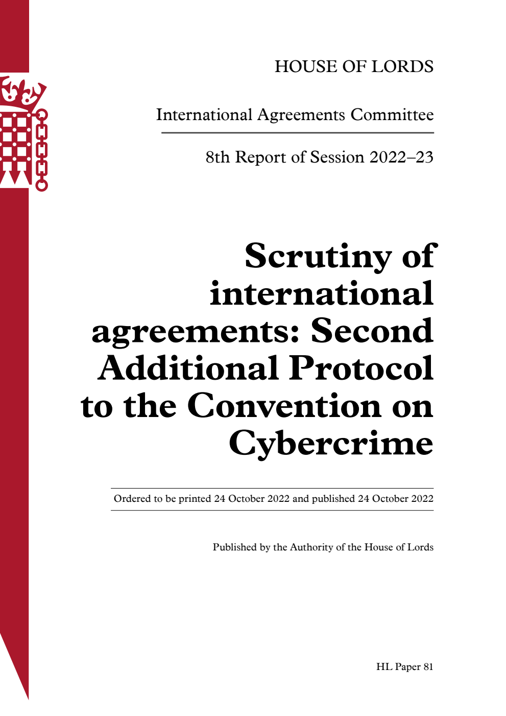 International Agreements Committee 8th Report. Scrutiny of international agreements: Second Additional Protocol to the Convention on Cybercrime