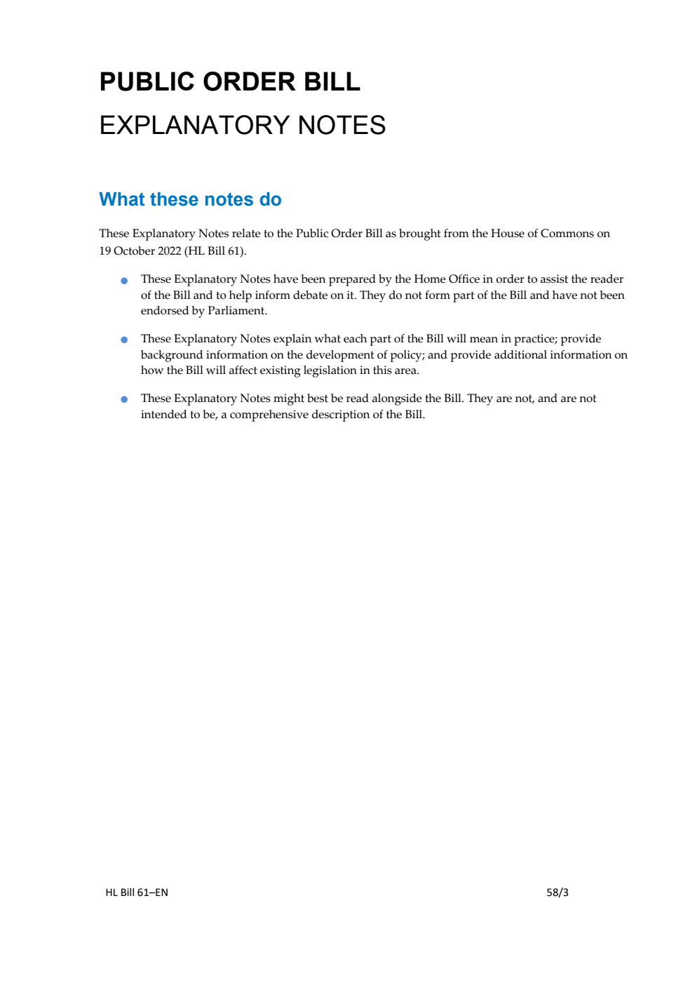 Public Order Bill Explanatory Notes