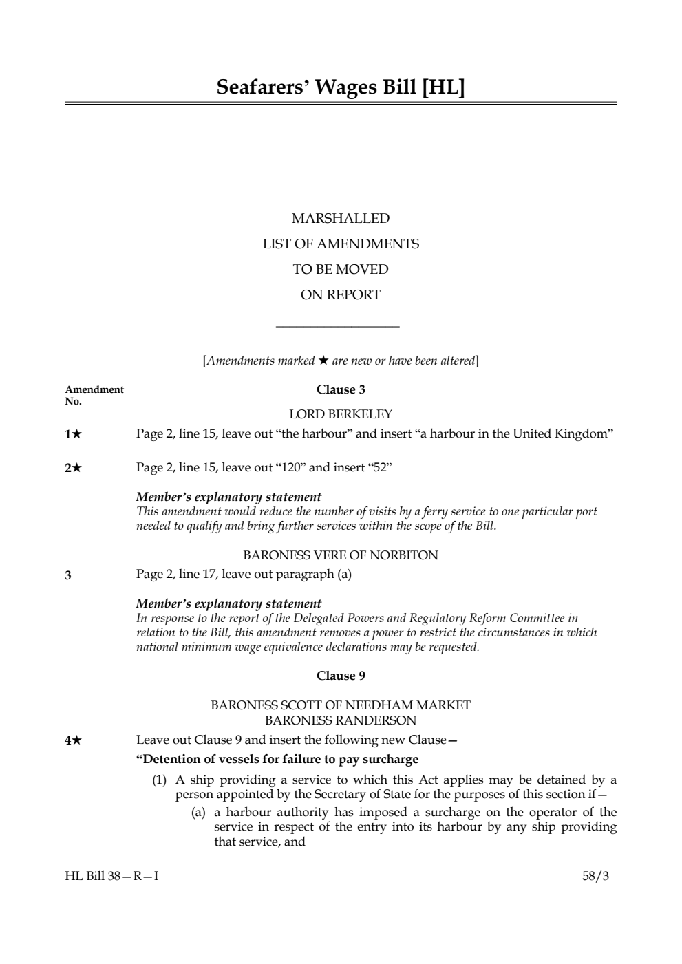 Seafarers' Wages Bill Marshalled List of Amendments to be moved on report