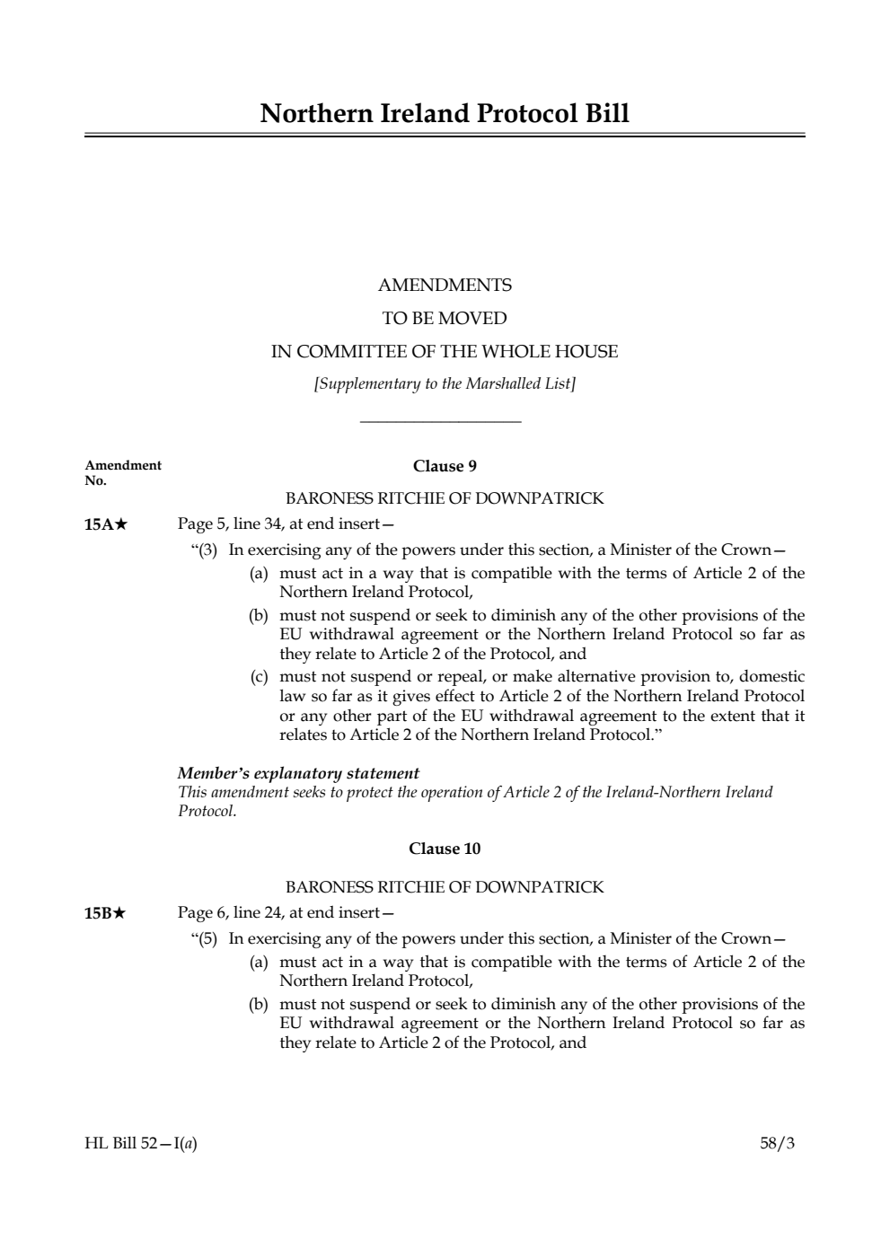 Northern Ireland Protocol Bill Amendments to be moved in Committee of the Whole House [Supplementary to the Marshalled List]