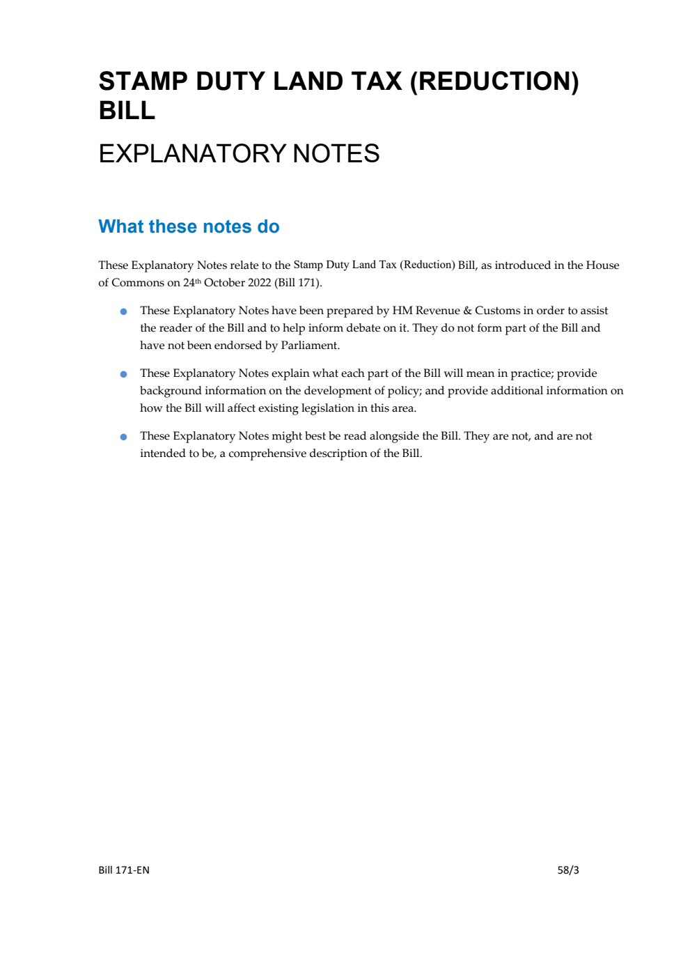Stamp Duty Land Tax (Reduction) Bill Explanatory Notes