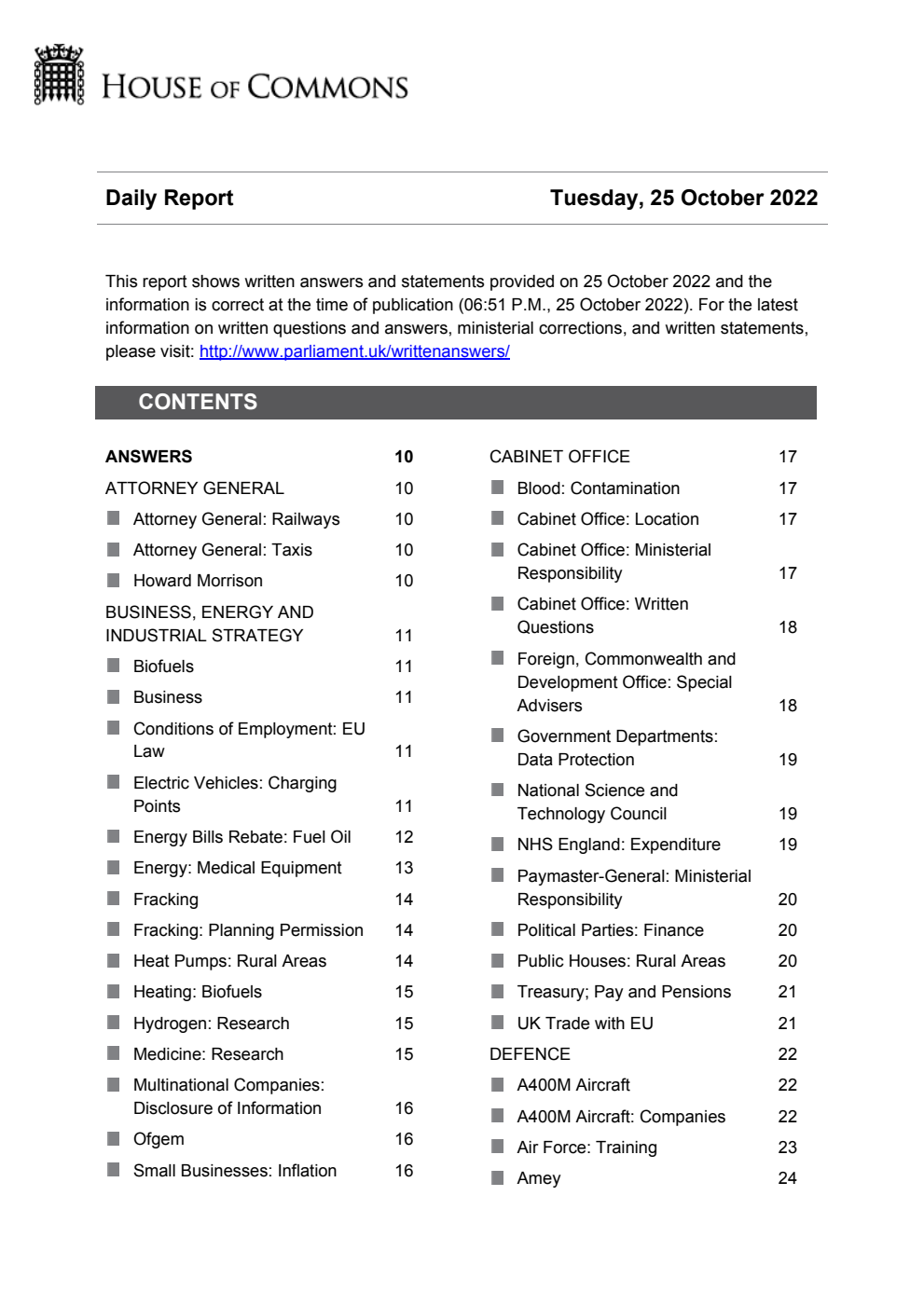 HOC Daily Report Written Statements and Answers 25.10.22
