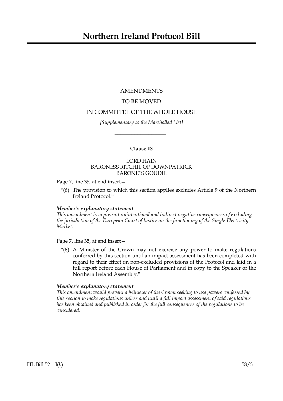 Northern Ireland Protocol Bill Amendments to be moved in Committee of the Whole House [Supplementary to the Marshalled List]