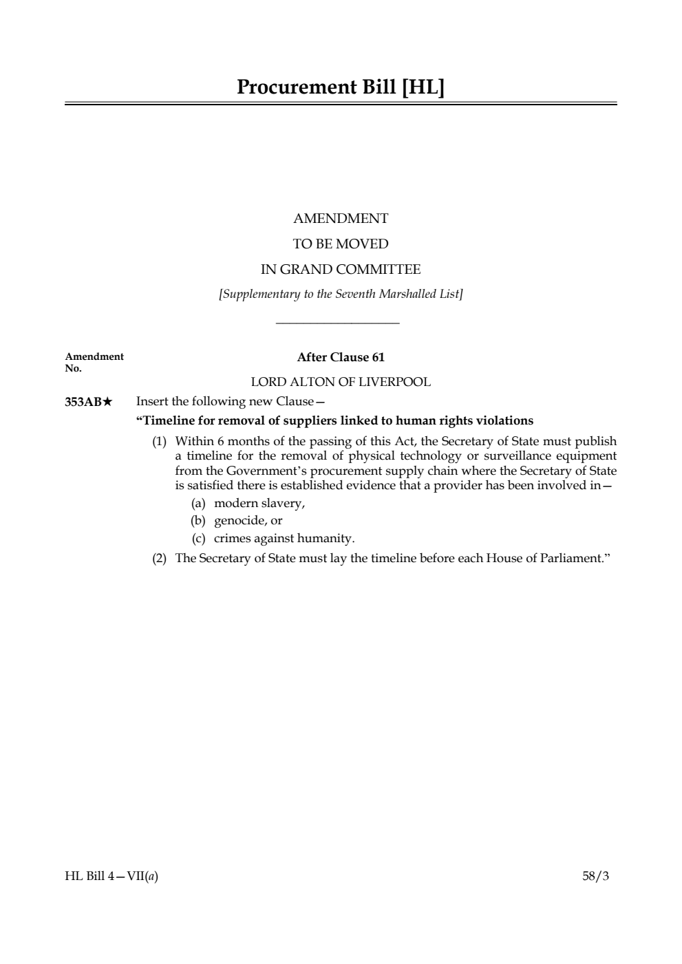 Procurement Bill Amendment to be moved in Grand Committee [Supplementary to the Seventh Marshalled List]