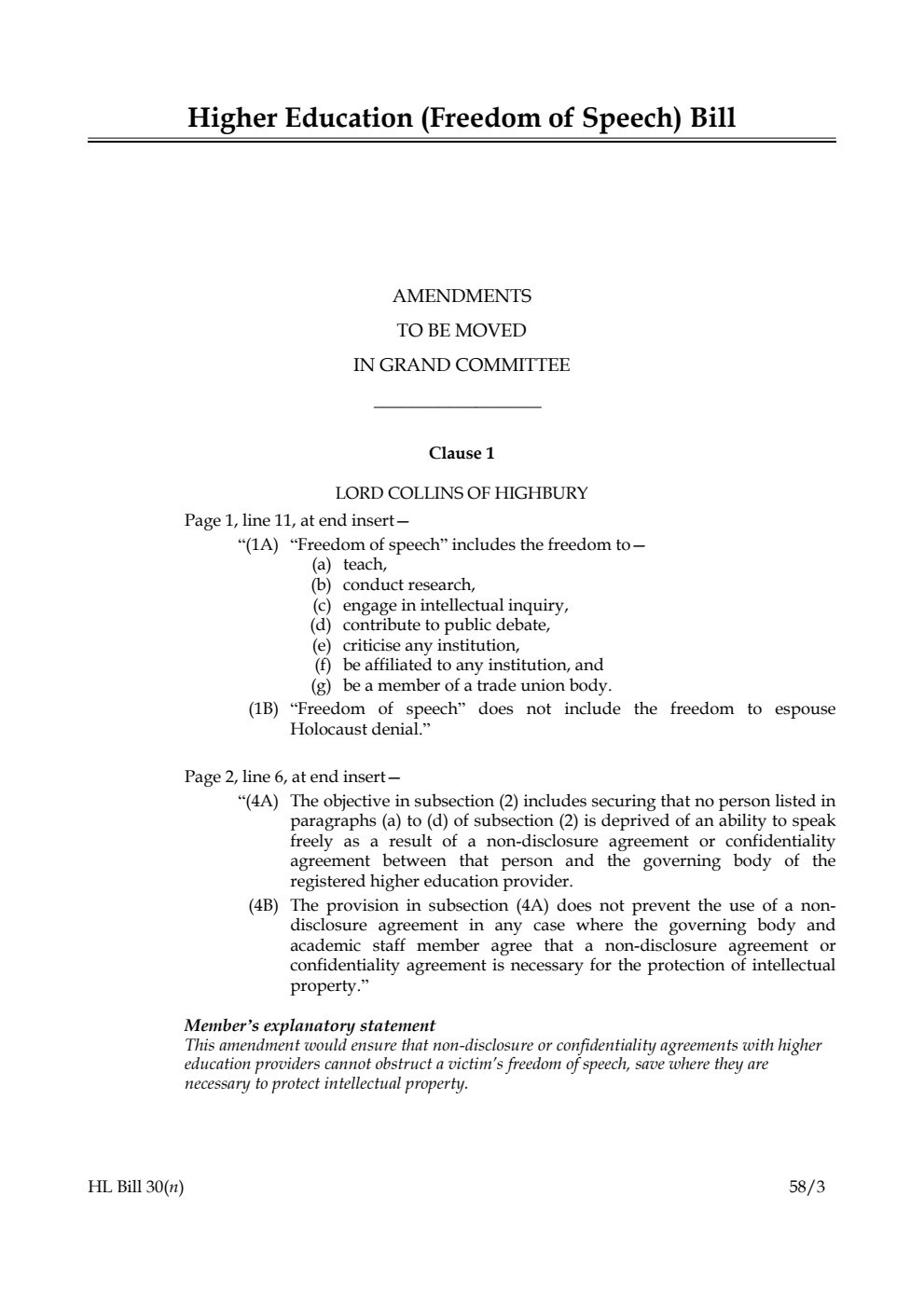Higher Education (Freedom of Speech) Bill Amendments to be moved in Grand Committee