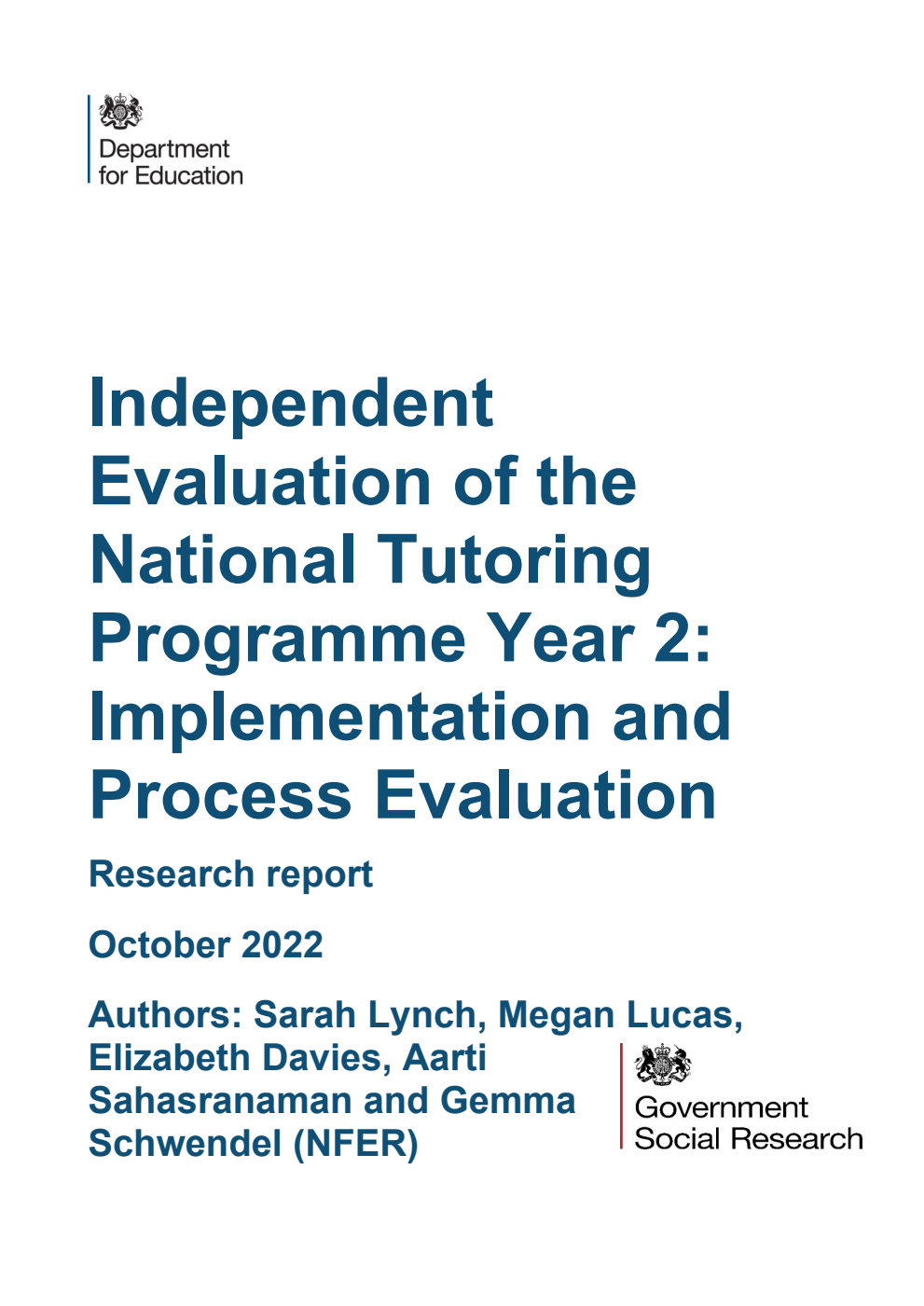 DFE-RR1279 Independent Evaluation of the National Tutoring Programme Year 2: Implementation and Process Evaluation. Research report. October 2022