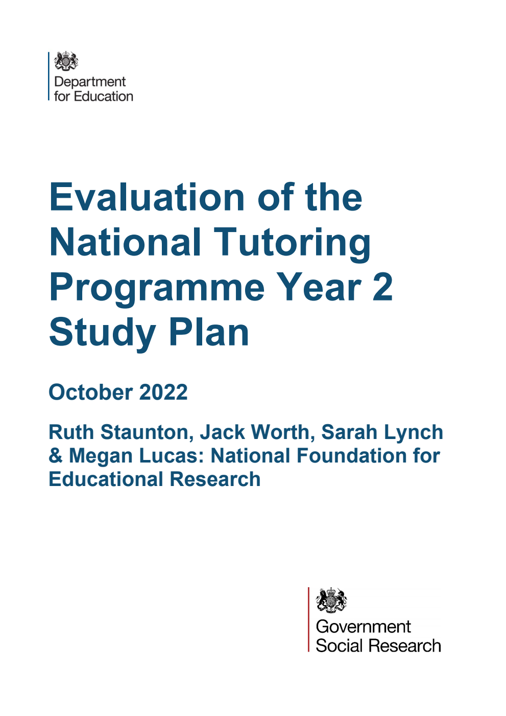 DFE-RR1279 Evaluation of the National Tutoring Programme Year 2 Study Plan. October 2022
