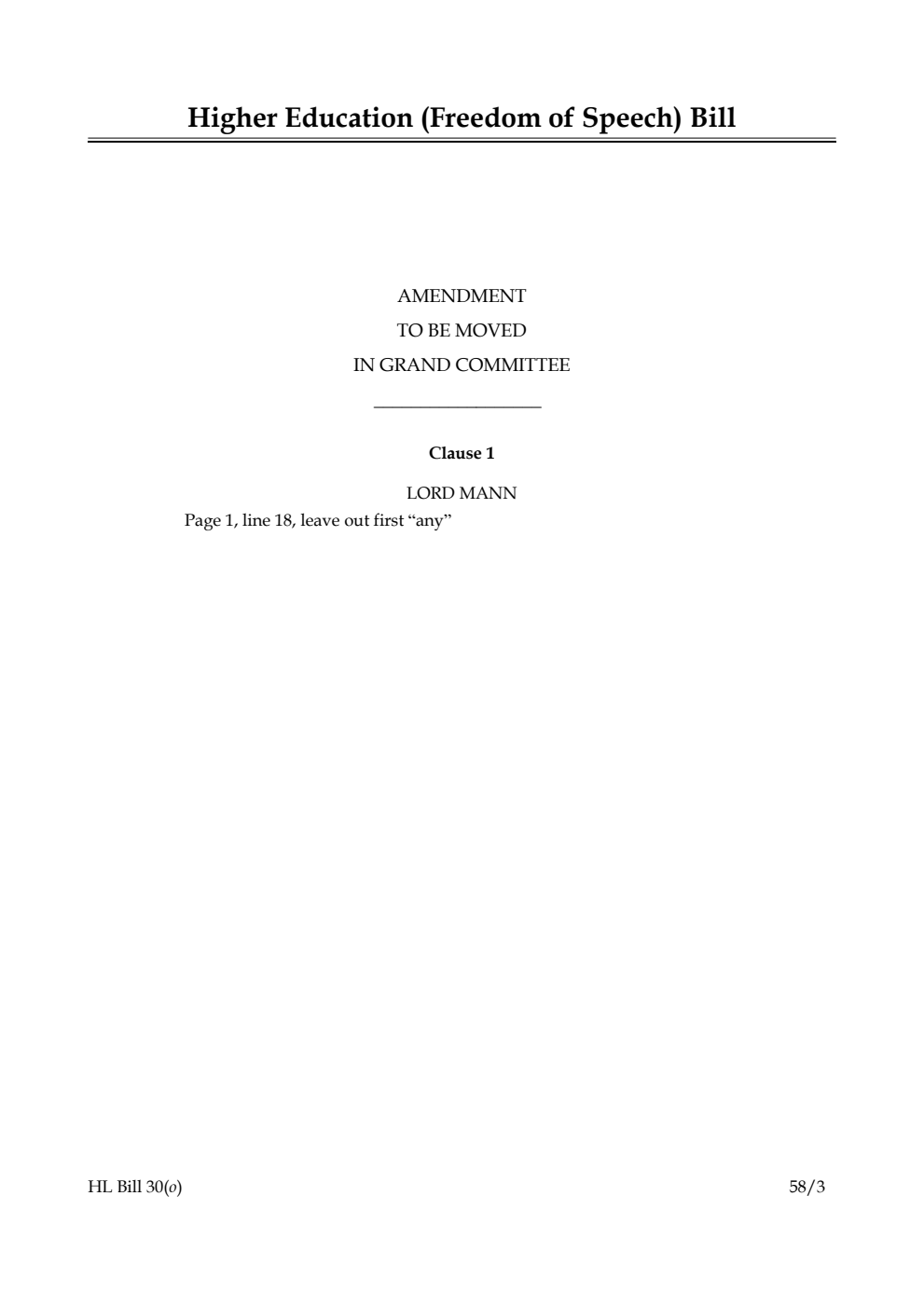 Higher Education (Freedom of Speech) Bill Amendment to be moved in Grand Committee