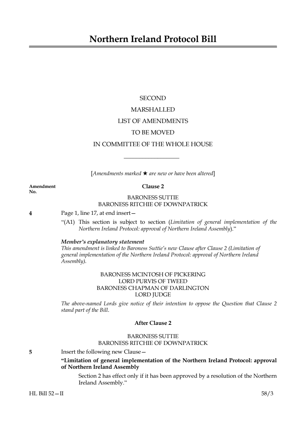 Northern Ireland Protocol Bill Second Marshalled List of Amendments to be moved in Committee of the Whole House