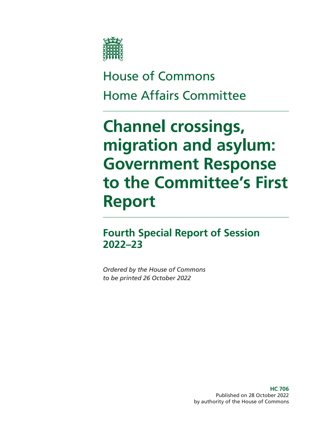 Home Affairs Committee 4th Special Report. Channel crossings, migration and asylum: Government Response to the Committee’s First Report