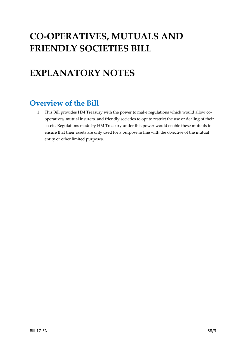 Co-operatives, Mutuals and Friendly Societies Bill Explanatory Notes