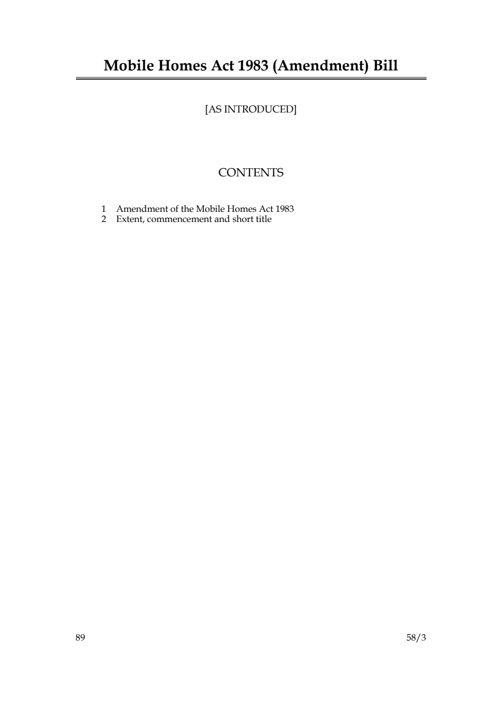 Mobile Homes Act 1983 (Amendment) Bill