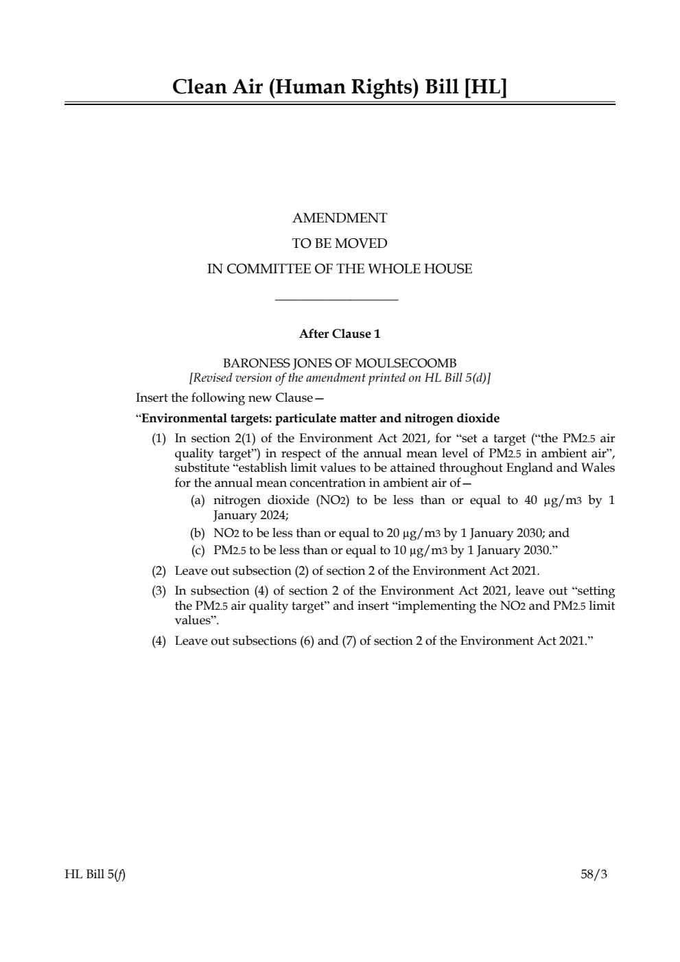 Clean Air (Human Rights) Bill Amendment to be moved in Committee of the Whole House