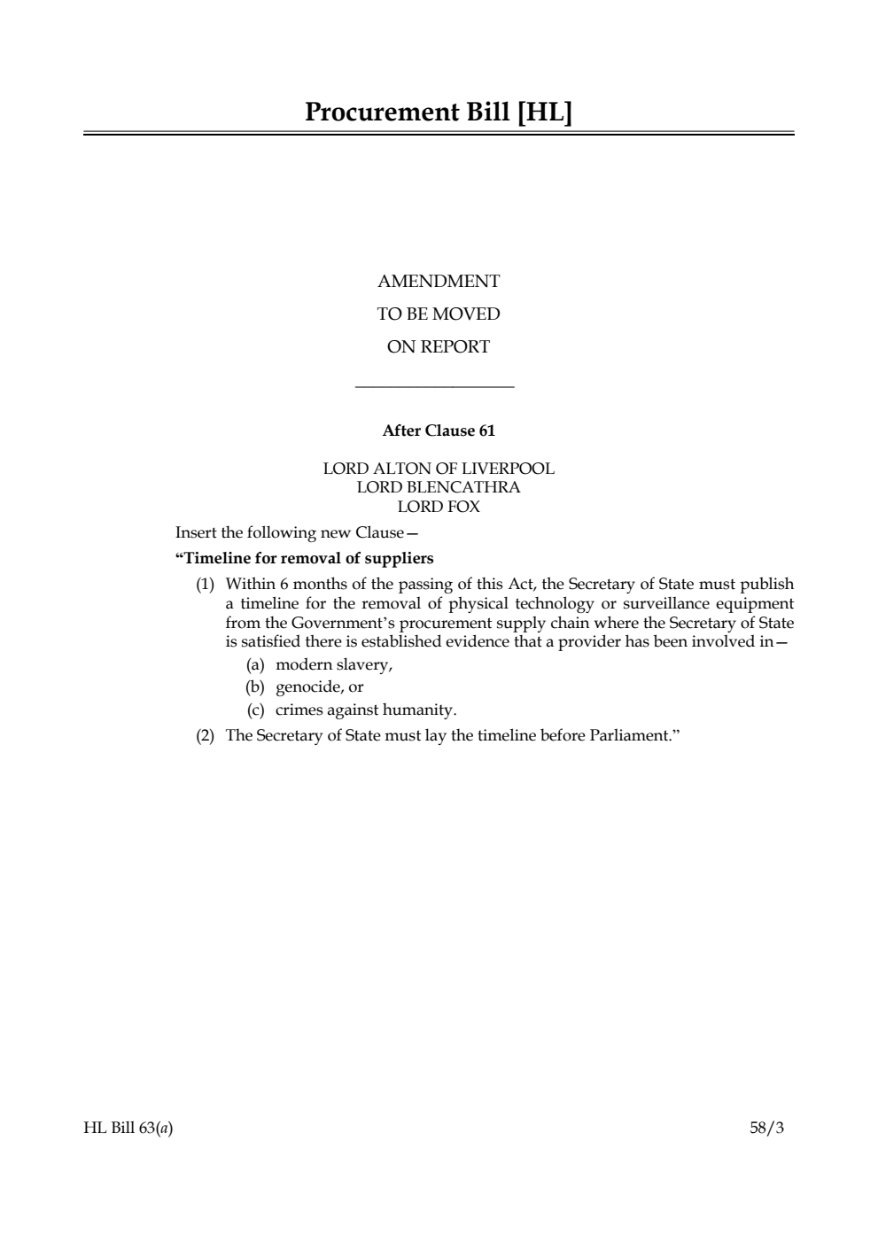 Procurement Bill Amendment to be moved on Report