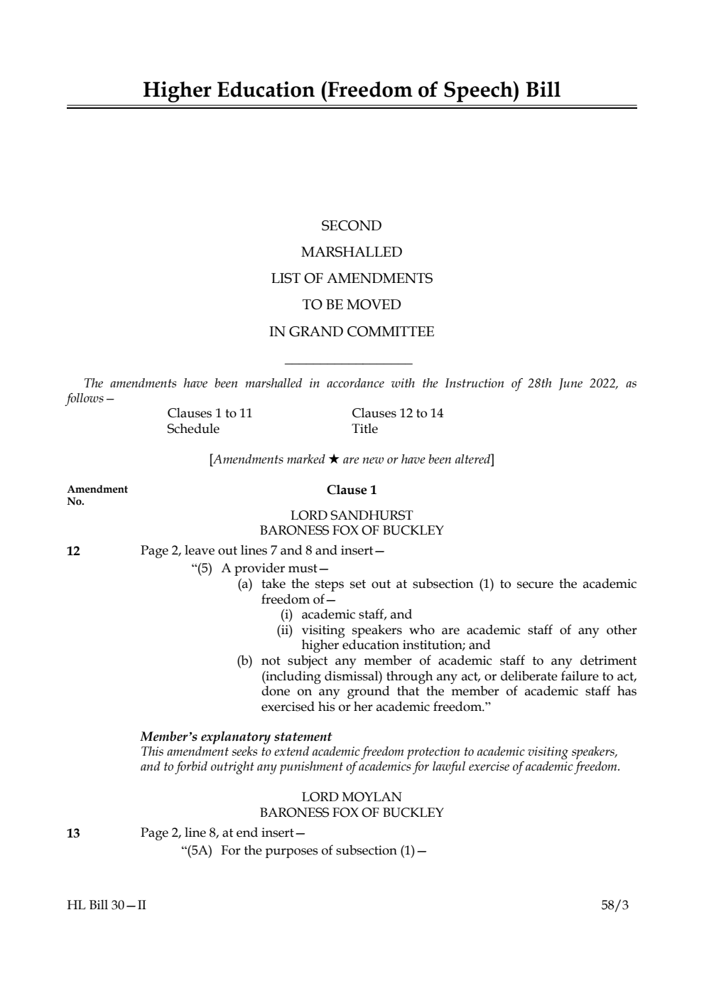 Higher Education (Freedom of Speech) Bill Second Marshalled List of Amendments to be moved in Grand Committee