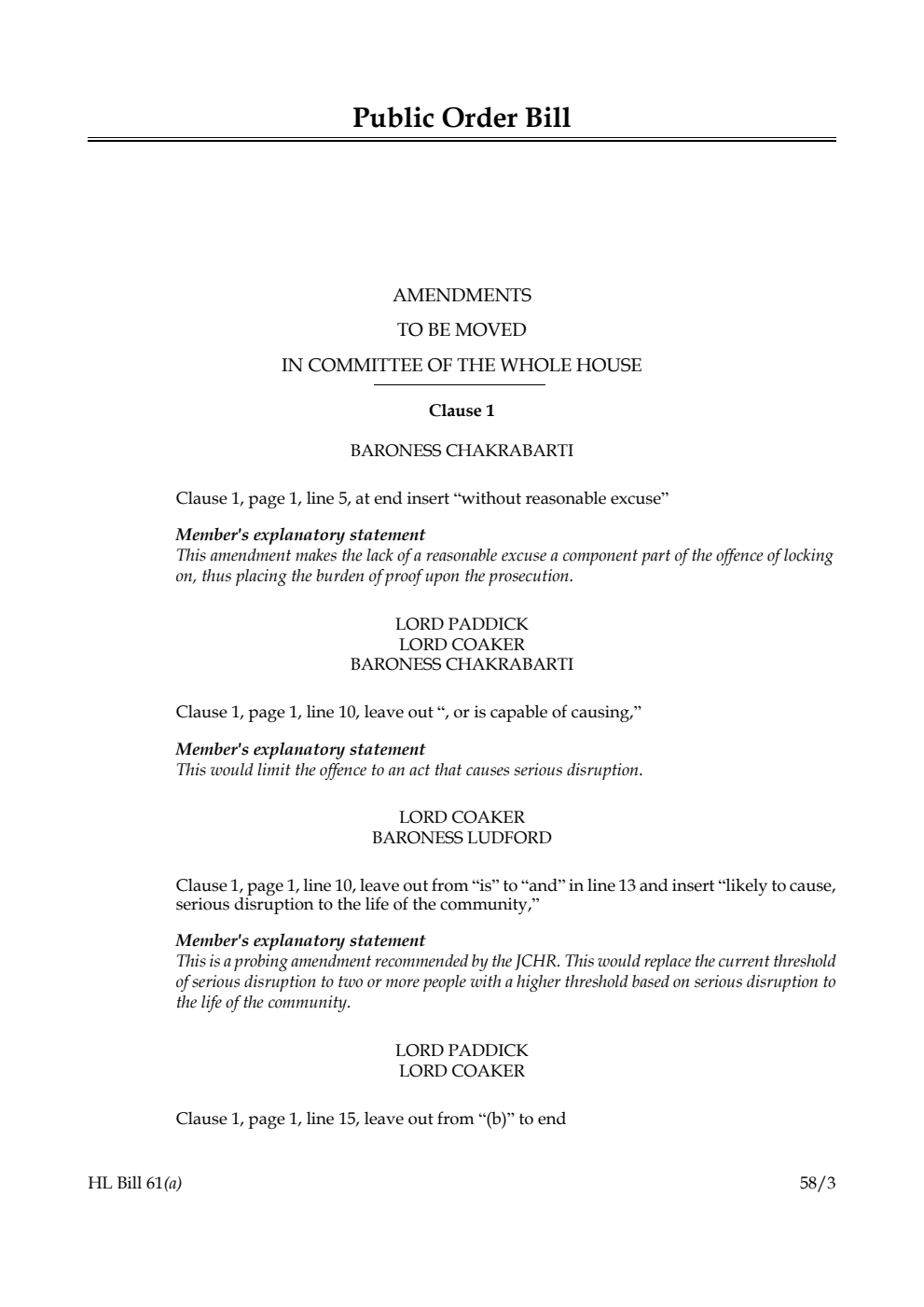 Public Order Bill Amendments to be moved in Committee of the Whole House