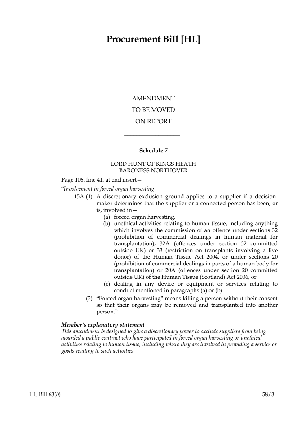 Procurement Bill Amendment to be moved on Report